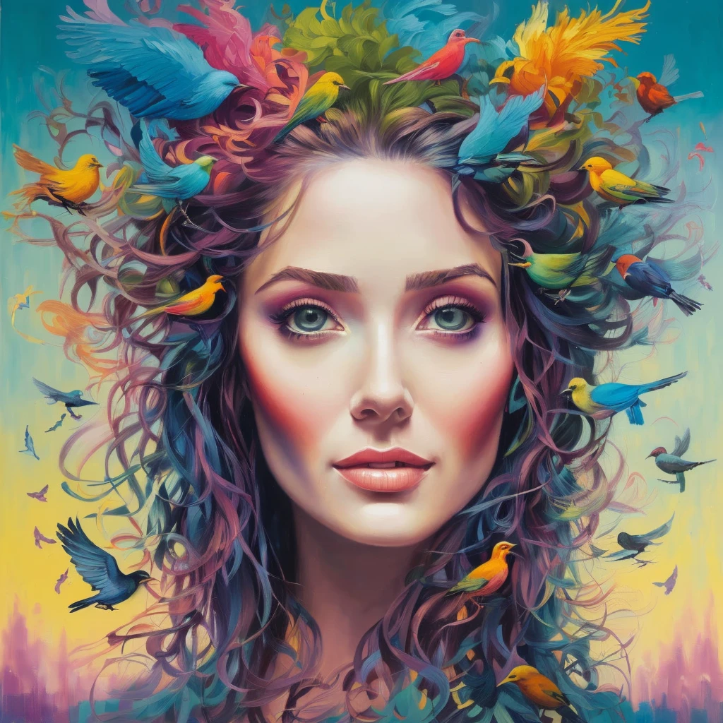 painting of a woman with a bird head and colorful hair, inspired by Sam Spratt, beautiful art uhd 4 k, beeple and jeremiah ketner, artgerm julie bell beeple, art of alessandro pautasso, there are birds on her head, by Sam Spratt, centered painted portrait, jana brike art, detailed painting 4 k