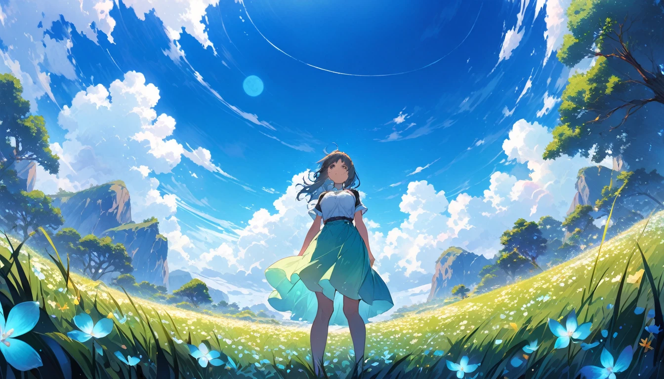High resolution, Highest quality, Very detailed, Makoto Shinkai, Vast landscape photography , (View from below,Shows the sky above and below), A girl standing in a flower field looking up, Treebreak Production Art, (Daytime sky:1.2), (Firefly:1.2), grassland, horizontal line, Spring atmosphere, horizontal lineに続く