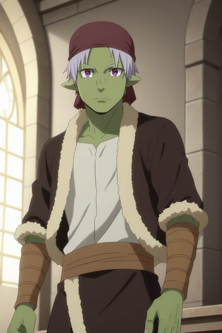 score_9, score_8_up, score_7_up, source_anime, rating_safe, intricate details, anime screencap, , official style, looking at viewer, , 1boy, solo, male focus, rigur_tensura, grey hair, purple eyes, pointy ears, colored skin, green skin, goblin, bandana, , , from below, castle, dawn, (dynamic pose), tearing up, ,