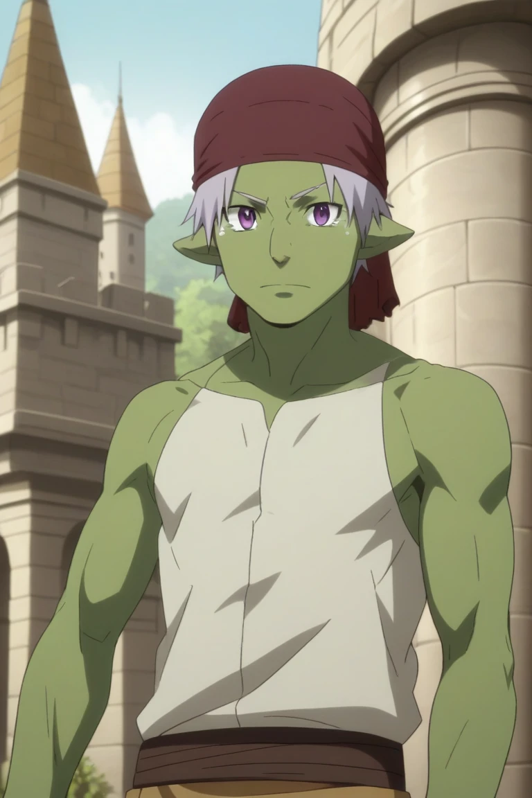 score_9, score_8_up, score_7_up, source_anime, rating_safe, intricate details, anime screencap, , official style, looking at viewer, , 1boy, solo, male focus, rigur_tensura, grey hair, purple eyes, pointy ears, colored skin, green skin, goblin, bandana, , , from below, castle, dawn, (dynamic pose), tearing up, , 