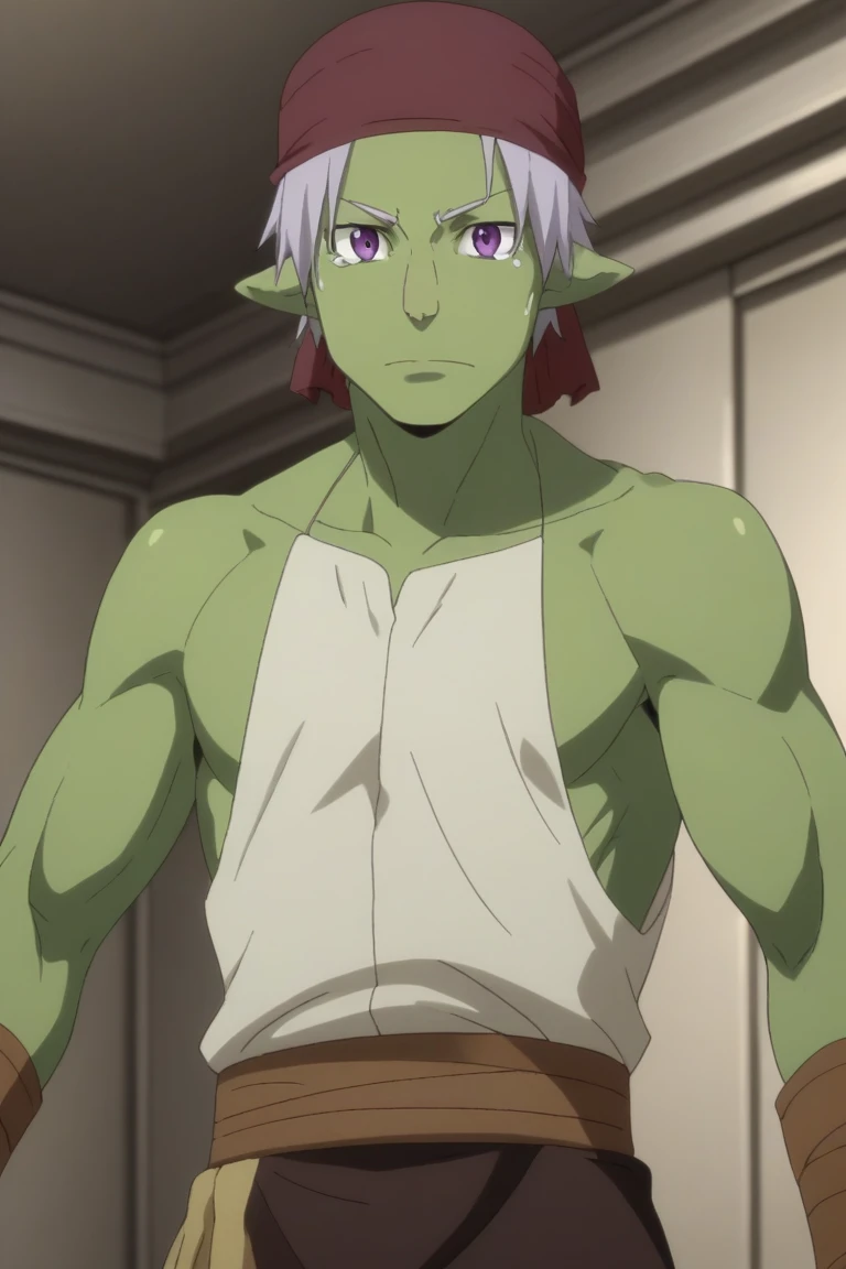 score_9, score_8_up, score_7_up, source_anime, rating_safe, intricate details, anime screencap, , official style, looking at viewer, , 1boy, solo, male focus, rigur_tensura, grey hair, purple eyes, pointy ears, colored skin, green skin, goblin, bandana, , , from below, castle, dawn, (dynamic pose), tearing up, , 