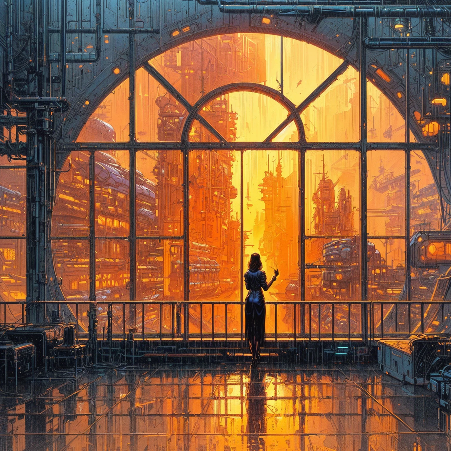 arafed view of a woman standing in front of a window with a city view, syd mead and raphael lacoste, syd mead cinematic painting, syd mead and mark brooks, silvain sarrailh, mystical sci-fi concept art, greg beeple, in a sci-fi shipping port, by John La Gatta, in fantasy sci - fi city