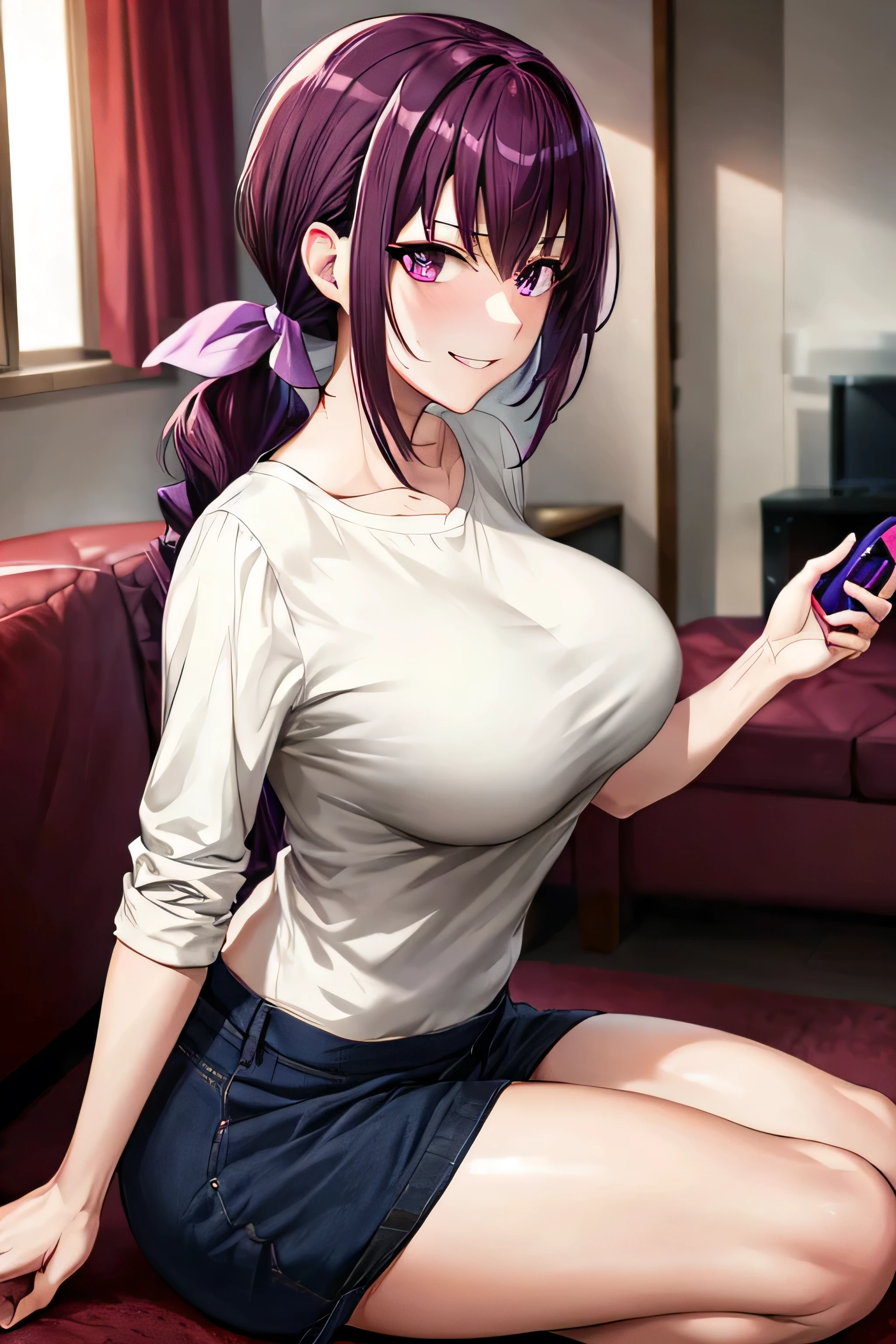 masterpiece, best quality, highres, hi1, purple hair,  purple eyes, large breasts, hair bow, skirt, pants, white shirt, living room, sitting on the floor, holding gamepad, sideview, glancing at audience, smirking