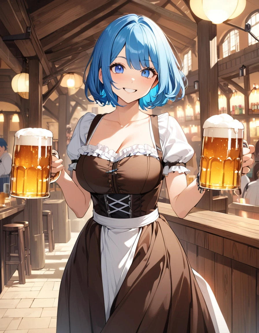 (Top quality illustrations:1.2), (pretty girl:1.1), (1 girl、), (1 girl、smile)、Big eyes、Bright blue hair、Short Bob Hair、German beer hall、The bar girl、Dirndl、One piece with frills、Long skirt、Beautiful breasts、Cowboy Shot