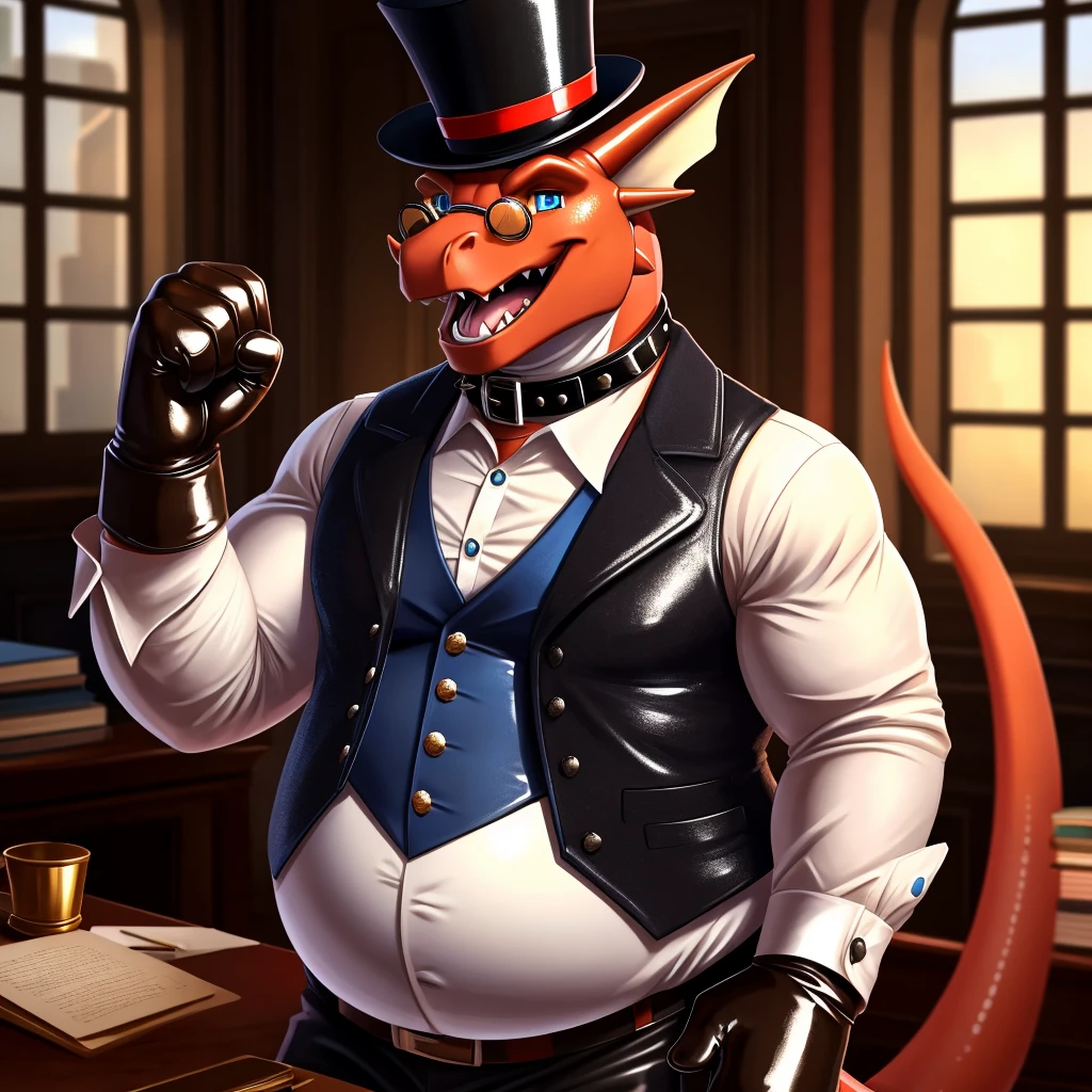 Solo, Male, fat, extremely obese, gentleman, dapper Professor Dragon, steampunk, blue eyes, (posing:1.3), (soft shading), 4k, hi res, ((detailed face, detailed)), looking at viewer, mouth wide open, evil laugh, dapper clothing, collared shirt with buttons, top hat, male focus, Explorer Outfit, glasses, monocle, vest with buttons, sleeves rolled up, round eyewear, brown headwear, brown vest, office, Dragon is wearing a glossy leather dog collar around the neck, Dragon is wearing the leather collar and shirt and vest at the same time, Dragon is wearing glossy white rubber gloves on the hands, wearing white rubber gloves on the feet, gloves are rubber in texture, clenching fists, leather collar is glossy and shiny with a lot of detail, Dragon is wearing gloves and leather collar at the same time, leather collar has a round dog-tag, leather collar is thick and detailed, leather collar is glossy and shiny, fancy clothing, dapper vest, dapper shirt, leather collar is thick, glossy leather collar.