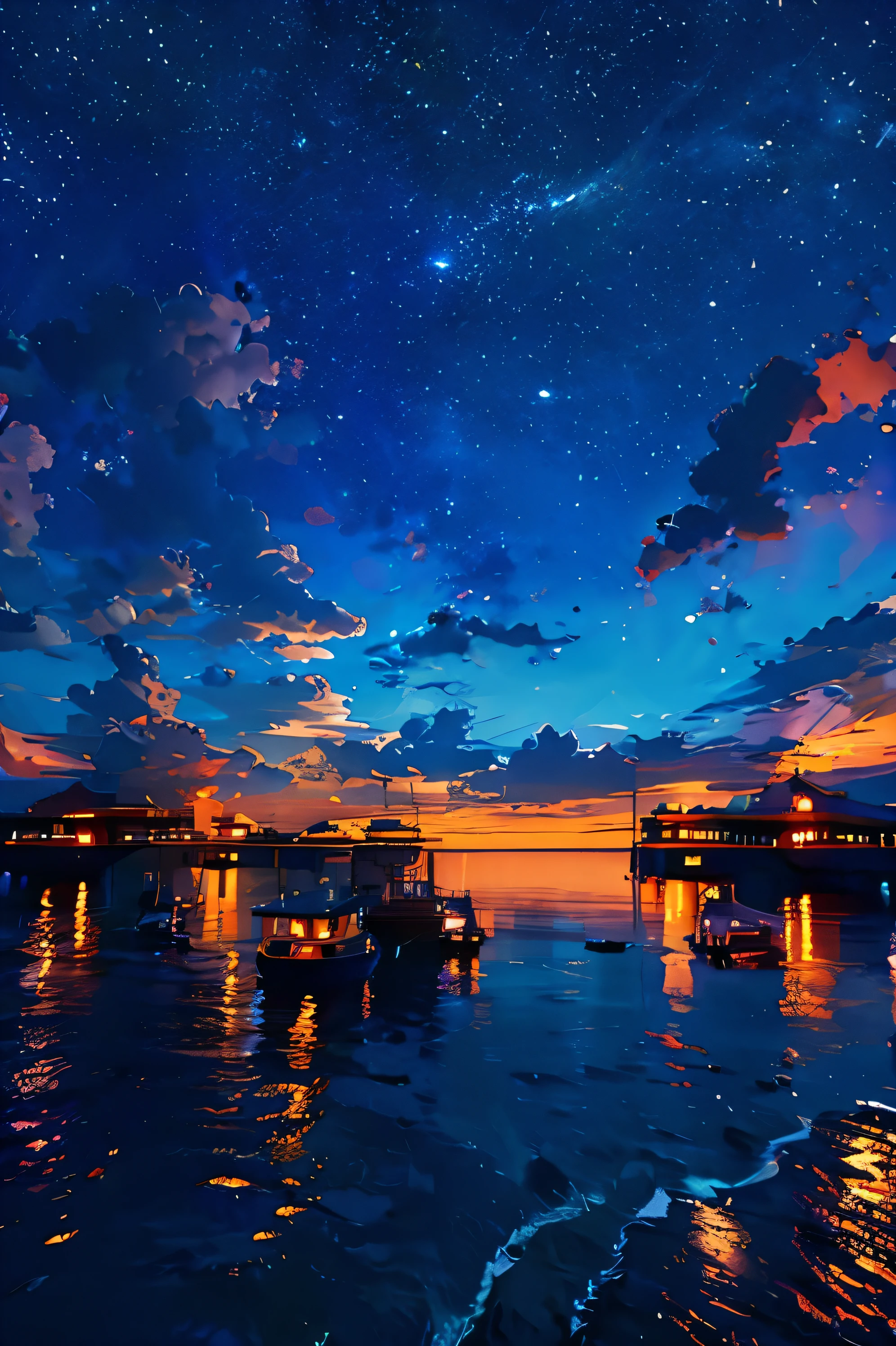 Anime girl sitting on a pier looking at the night city, Makoto Shinkai Cyril Roland, anime art wallpaper 4k, anime art wallpaper 4k, Anime Art Wallpapers 8K, Space Sky. por Makoto Shinkai, 4k anime wallpaper, 4k anime wallpaper, anime wallpaper 4k, The girl stares into space, 4K Anime Style