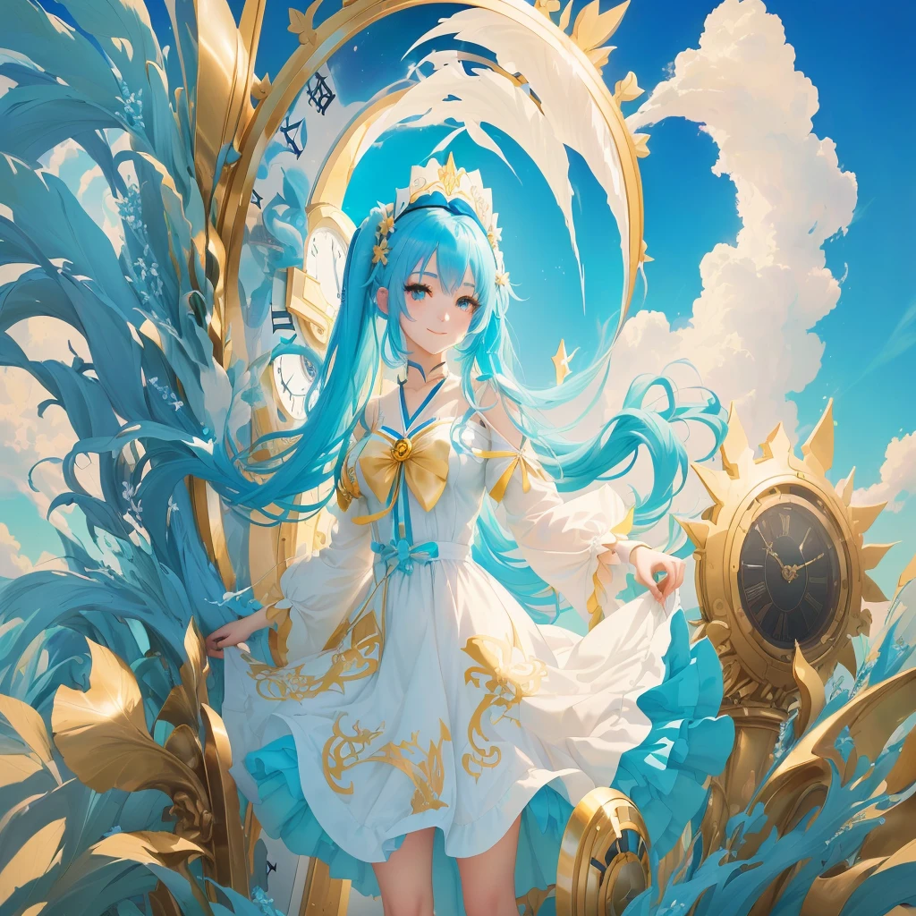 anime girl with blue hair and white dress standing in front of a clock, anime art wallpaper 8 k, anime style 4 k, anime art wallpaper 4 k, anime art wallpaper 4k, digital art on pixiv, trending on artstation pixiv, anime fantasy illustration, anime goddess, anime fantasy artwork, beautiful anime artwork, pixiv contest winner, anime styled digital art, slight smile