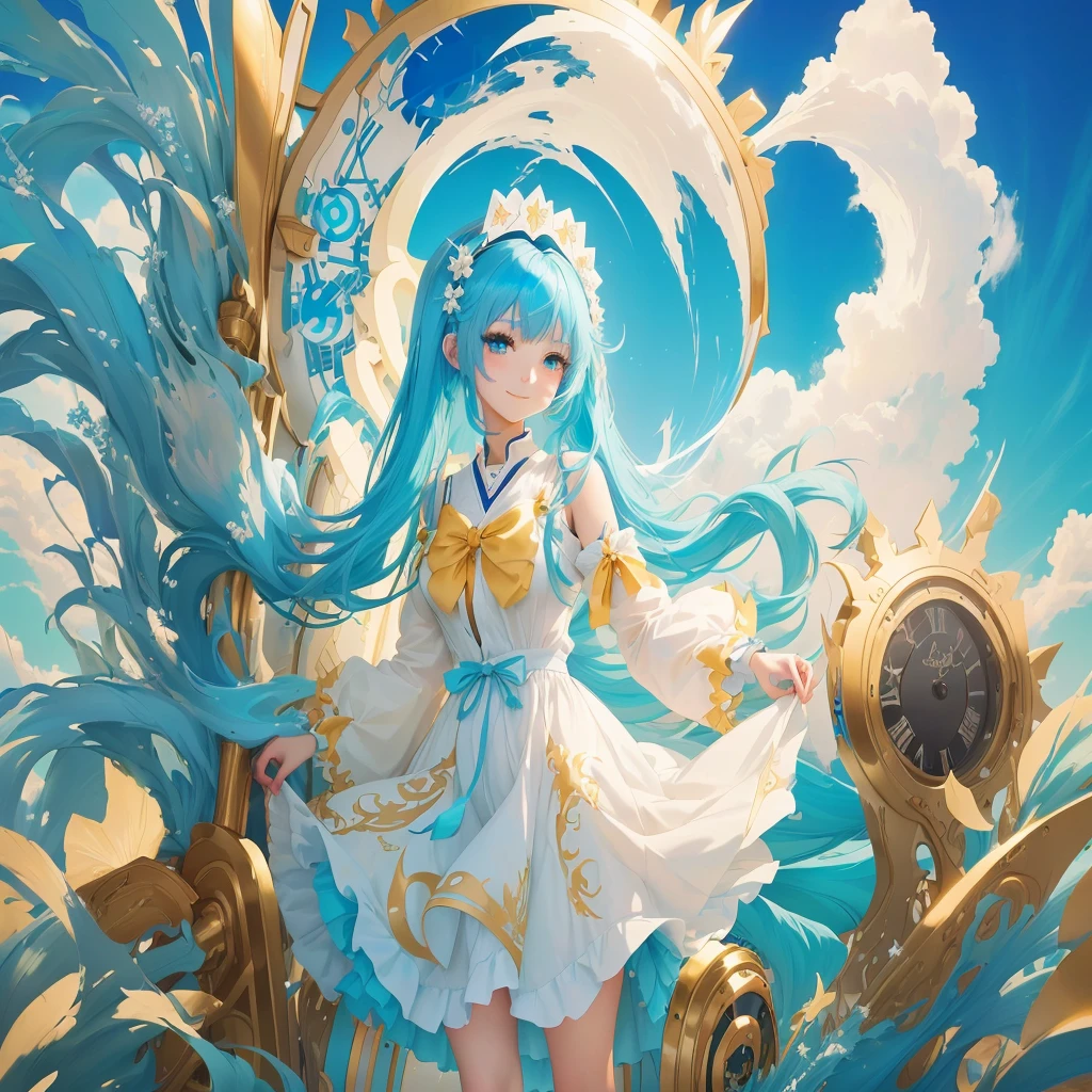 anime girl with blue hair and white dress standing in front of a clock, anime art wallpaper 8 k, anime style 4 k, anime art wallpaper 4 k, anime art wallpaper 4k, digital art on pixiv, trending on artstation pixiv, anime fantasy illustration, anime goddess, anime fantasy artwork, beautiful anime artwork, pixiv contest winner, anime styled digital art, slight smile
