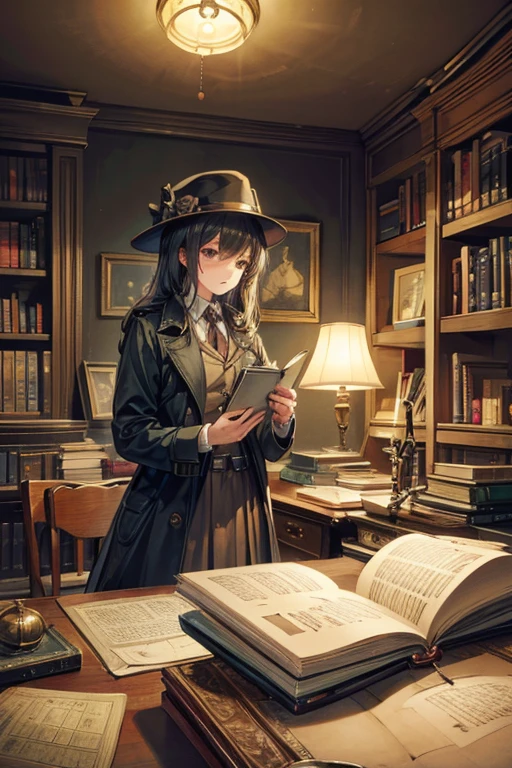 best quality, masterpiece,Girl, detective, loupe, hat, trench coat, study, bookshelf, desk, lamp, old book, letter, map, candle, dark room, shadow, vintage, notebook, pen, deduction, evidence, magnifying glass, note, desk item, typewriter, cat, clock, fireplace, curtain, window, key, puzzle, photograph