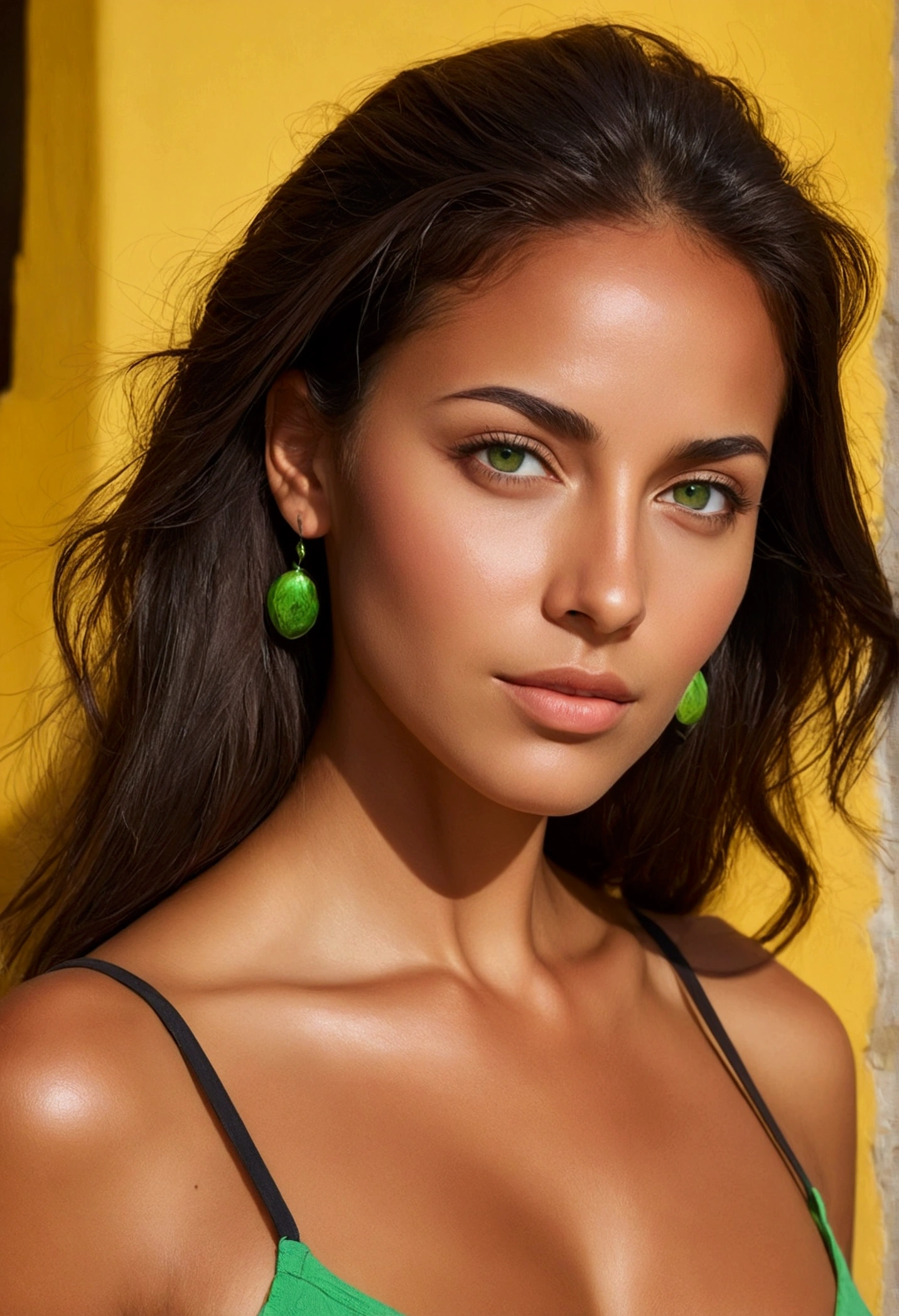 woman of latin origin has tanned skin , corps sexy , brunette hair , green eyes 