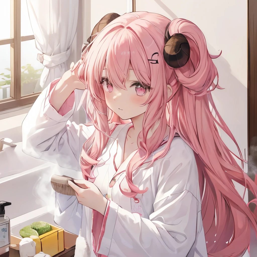 An anime-style illustration of ‘Fua-chan’ after a bath, wearing pajamas. Fua-chan has distinctive features: long pink hair styled in soft curls resembling sheep’s horns, and pink eyes. She is depicted with her hair slightly damp, wearing cute and cozy pajamas. She has a relaxed and refreshed expression, perhaps holding a towel or brushing her hair. The background shows a warmly lit bedroom or bathroom, with hints of steam from the bath and a few personal items like a hairbrush and toiletries, creating a comfortable and soothing atmosphere.