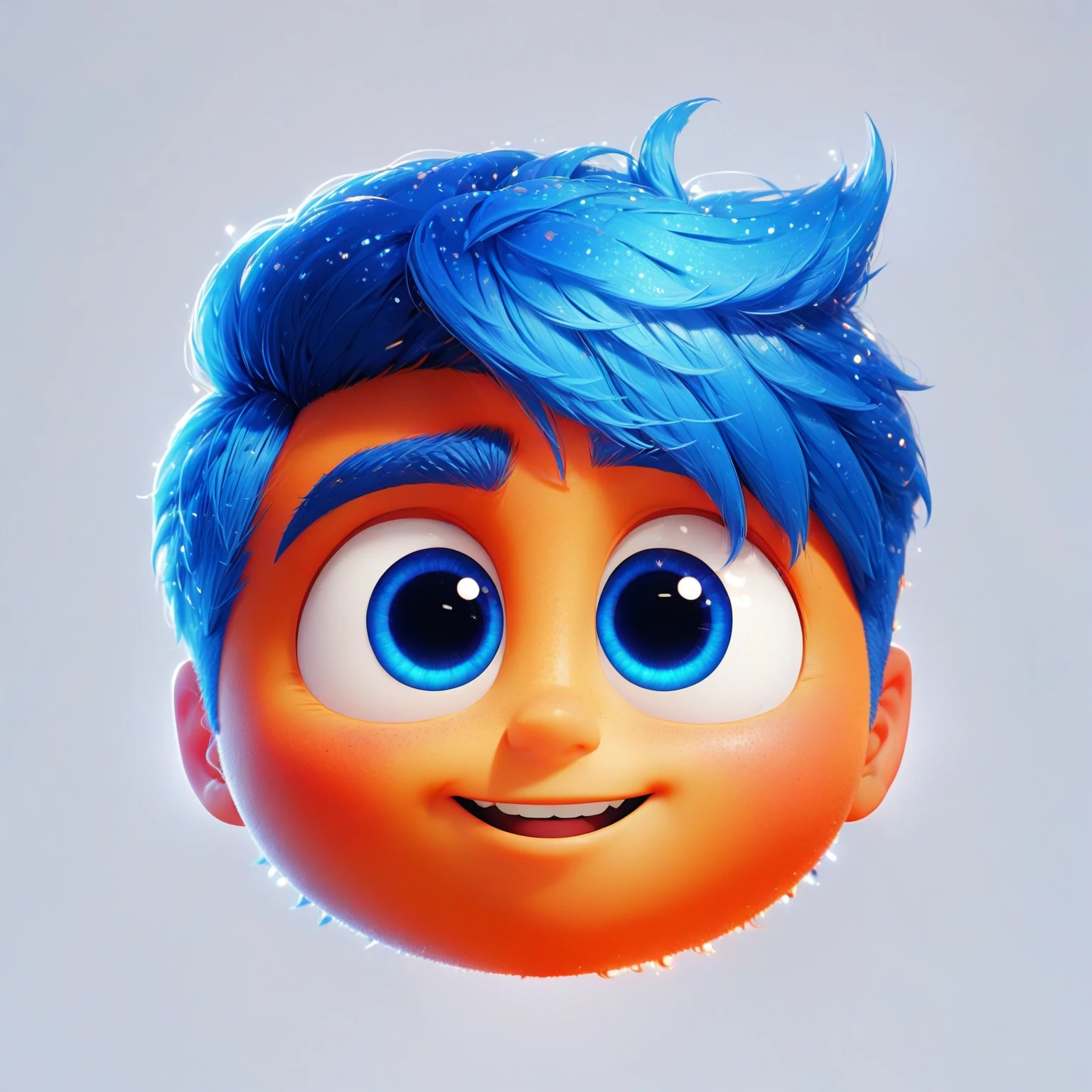um close de um personagem de desenho animado com cabelo azul e olhos grandes, retrato da pixar 8 k photo, no estilo da Pixar, estilo de arte pixar, no estilo da Disney Pixar, depicted as a personagem da Pixar, retrato da pixar, cute personagem da Pixar, ideal personagem da Pixar, personagem da Pixar, pixar render, estilo de animação pixar 3d, design de personagens fofos da pixar, pixar artstyle.Create an animated male character named Mirabolado, inspired by Disney's 'Inside Out.' He should have vibrant light orange skin and blue hair like Joy's. His shape should be rounded and dynamic, with large, expressive eyes and a friendly, inspiring smile. He should emit a soft light to symbolize creativity and have a whimsical, non-human appearance. Use casual clothing and include whimsical elements like floating stars and sparkles to enhance his creative nature.