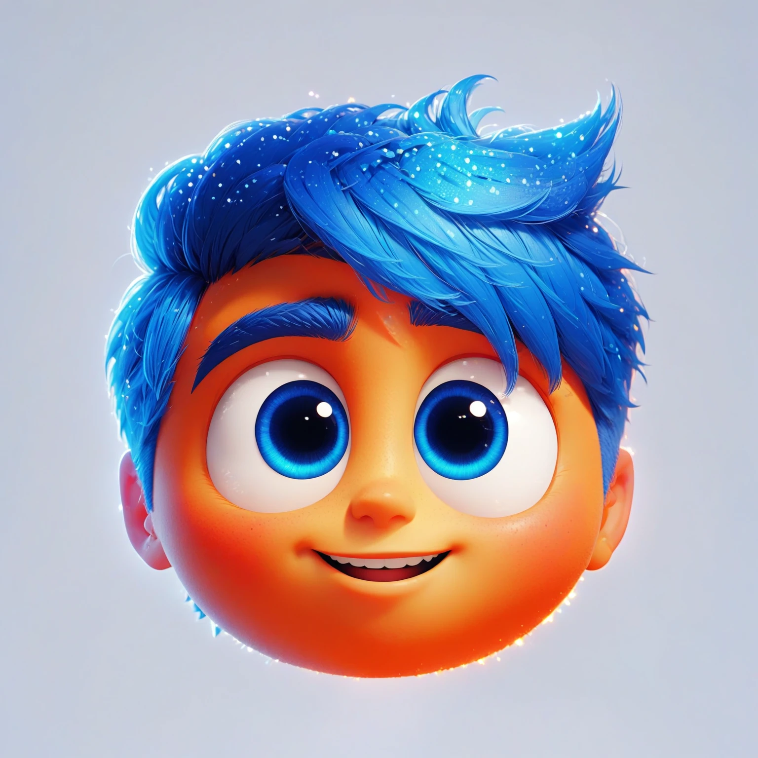 um close de um personagem de desenho animado com cabelo azul e olhos grandes, retrato da pixar 8 k photo, no estilo da Pixar, estilo de arte pixar, no estilo da Disney Pixar, depicted as a personagem da Pixar, retrato da pixar, cute personagem da Pixar, ideal personagem da Pixar, personagem da Pixar, pixar render, estilo de animação pixar 3d, design de personagens fofos da pixar, pixar artstyle.Create an animated male character named Mirabolado, inspired by Disney's 'Inside Out.' He should have vibrant light orange skin and blue hair like Joy's. His shape should be rounded and dynamic, with large, expressive eyes and a friendly, inspiring smile. He should emit a soft light to symbolize creativity and have a whimsical, non-human appearance. Use casual clothing and include whimsical elements like floating stars and sparkles to enhance his creative nature.