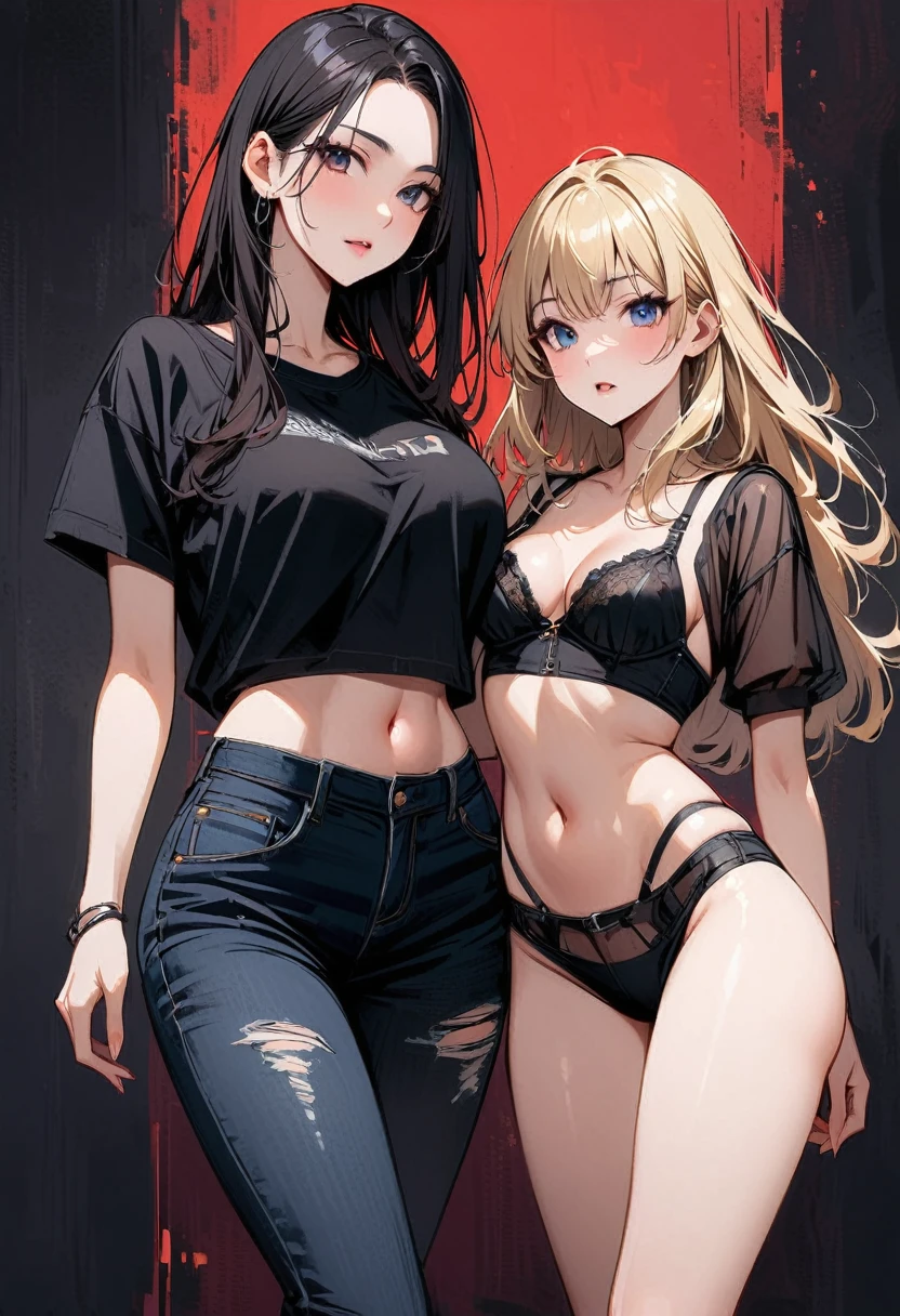 Two Women。,One is blonde with long hair、18-year-old、Headband、Large Breasts、Small waist、Big Ass、Mini hot pants、Cleavage、Oversized shirt、belly button、Bra shoulder straps。,The other has short black hair、18-year-old、slender、Small breasts、Small waist、Big Ass、Distressed jeanini hot pants、Black see-through T-shirt、Intricately patterned lingerie is visible through the。