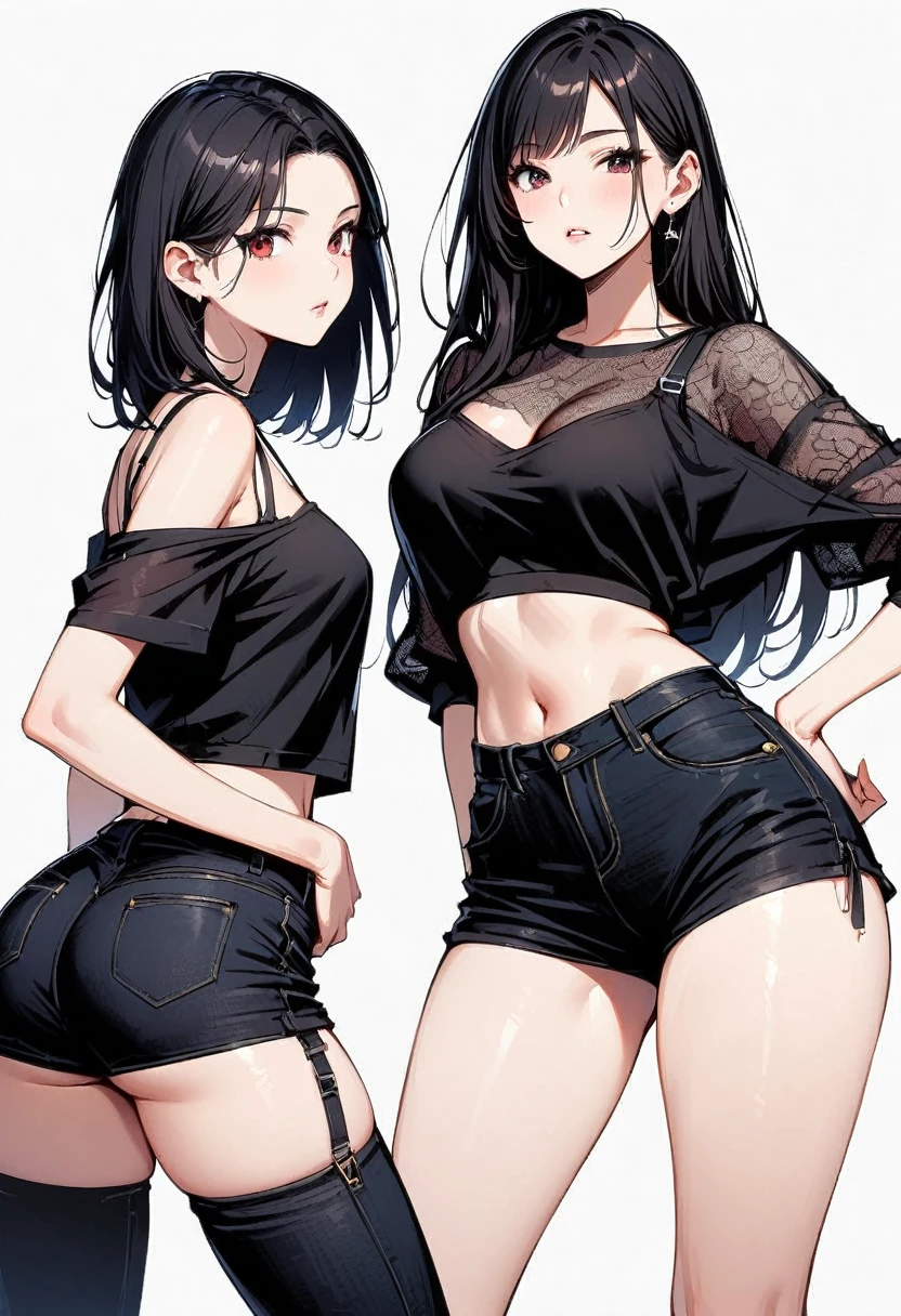 Two Women。,One is blonde with long hair、18-year-old、Headband、Large Breasts、Small waist、Big Ass、Mini hot pants、Cleavage、Oversized shirt、belly button、Bra shoulder straps。,The other has short black hair、18-year-old、slender、Small breasts、Small waist、Big Ass、Distressed jeanini hot pants、Black see-through T-shirt、Intricately patterned lingerie is visible through the。