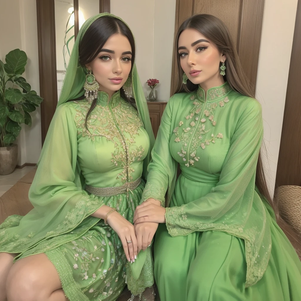 Two beautiful women with beautiful, very realistic and detailed faces, a magnificent pistachio green outfit,beautiful jewelry