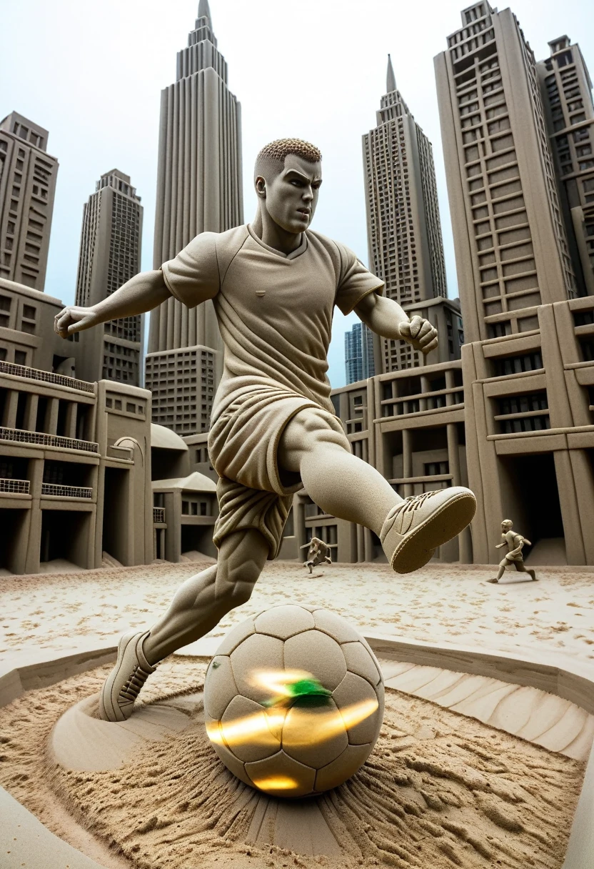 Sand sculpture style,  Hero kicking a soccer ball on the football field，color，High-rise buildings，A strong sense of déjà vu