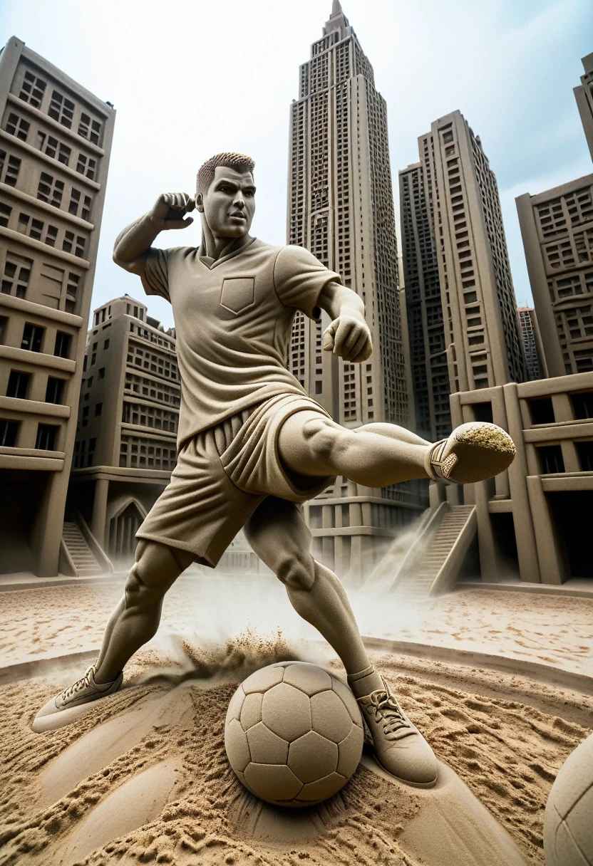 Sand sculpture style,  Hero kicking a soccer ball on the football field，color，High-rise buildings，A strong sense of déjà vu