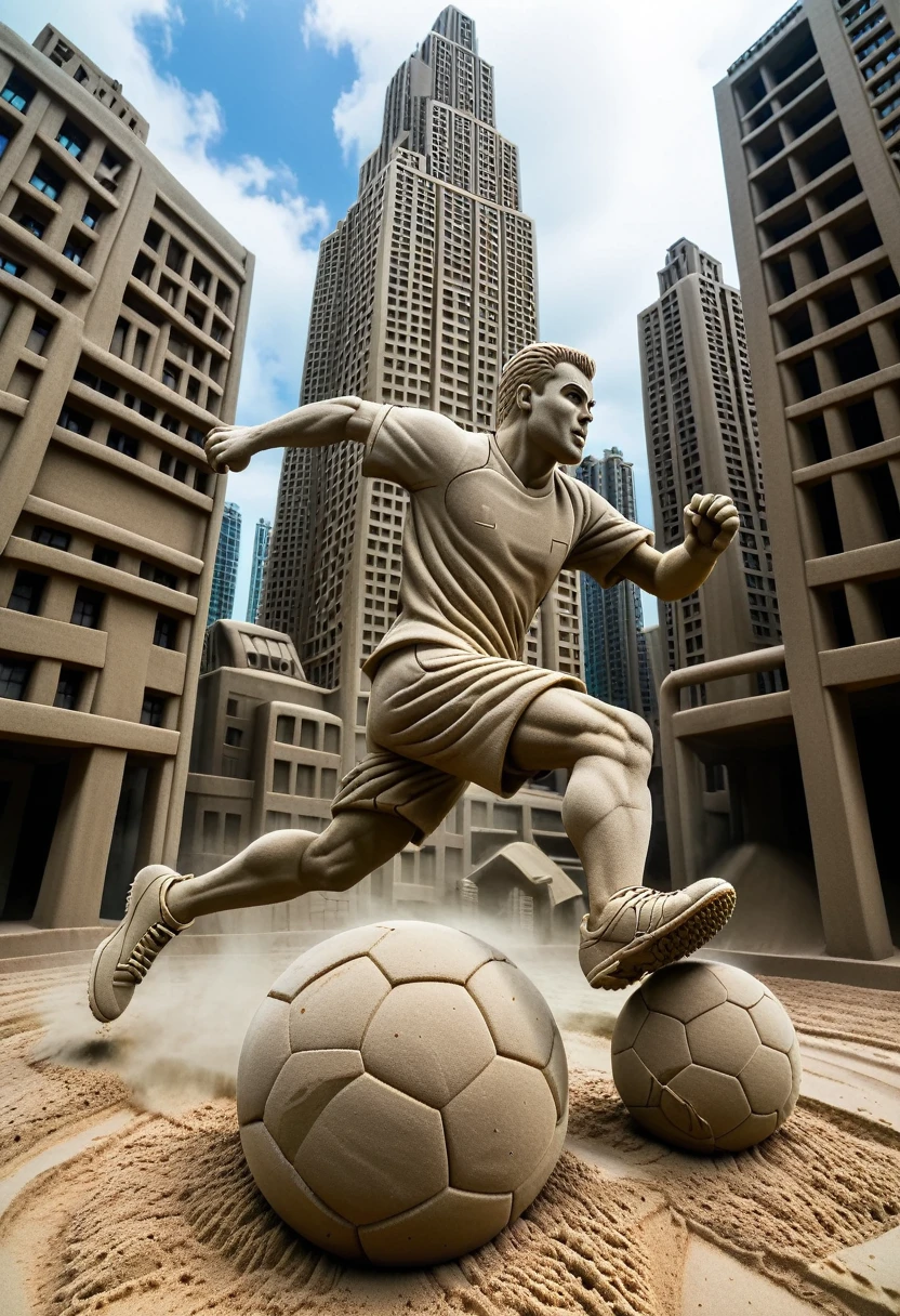 Sand sculpture style, Hero kicking a soccer ball on the football field,color,High-rise buildings,A strong sense of déjà vu