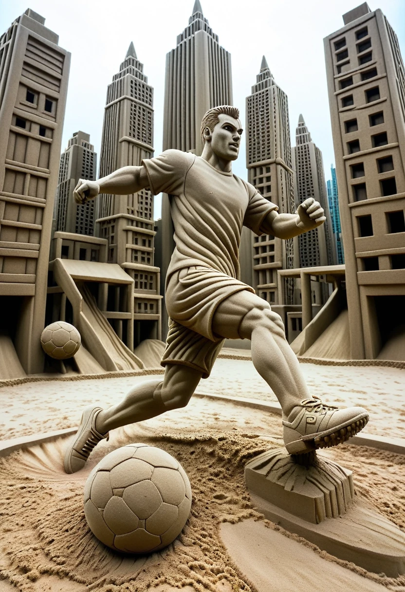 Sand sculpture style,  Hero kicking a soccer ball on the football field，color，High-rise buildings，A strong sense of déjà vu