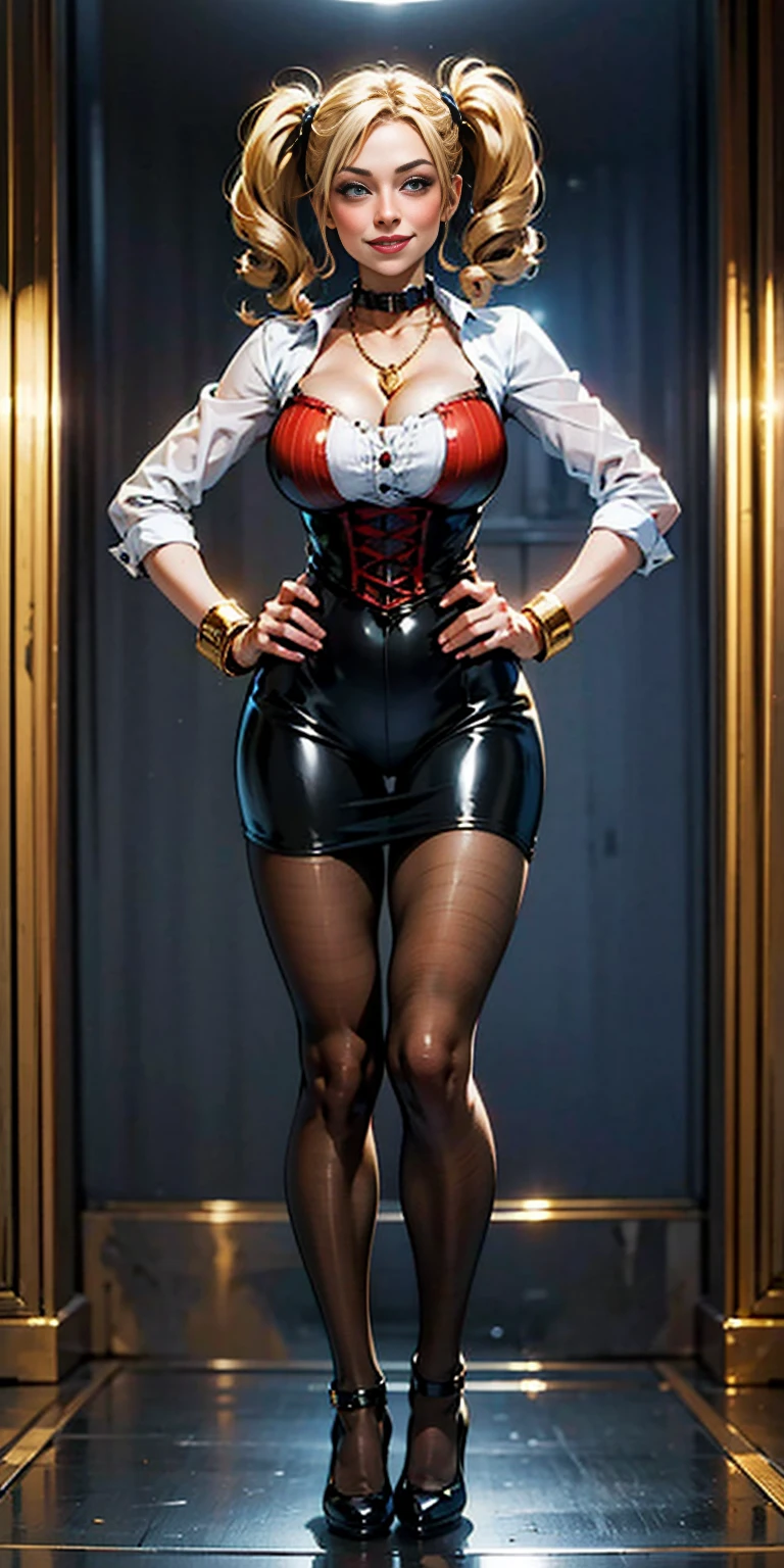 1solo Milf full body standing straight symmetrical, looking at viewer, hands on hips, twin drills twintails, striped pantyhose, golden handcuffs on their hands with a black leather collar around the golden heart necklace, hands on hips, lustful smirking smile face red blushed