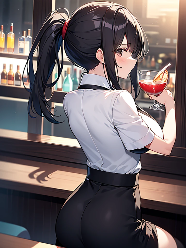 Solo Back view, Bar at night, Broad shoulders, Woman, Seated, Customer seat, Cocktail glass, White collared shirt, Short sleeves, Black long skirt, Ponytail:1.9 背のexpensive女性:1.9. Short black hair, straight hair, hair tie, bangs swept to the side:1.9. Slanted Eyes, Brown eyes, expensive, Strong-willed, beautiful、Big breasts、adult