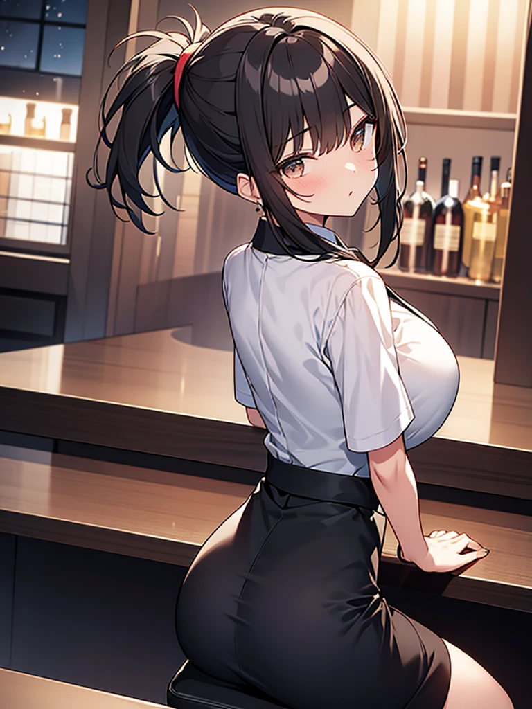 Solo Back view, Bar at night, Broad shoulders, Woman, Seated, Customer seat, Cocktail glass, White collared shirt, Short sleeves, Black long skirt, Ponytail:1.9 背のexpensive女性:1.9. Short black hair, straight hair, hair tie, bangs swept to the side:1.9. Slanted Eyes, Brown eyes, expensive, Strong-willed, beautiful、Big breasts、adult