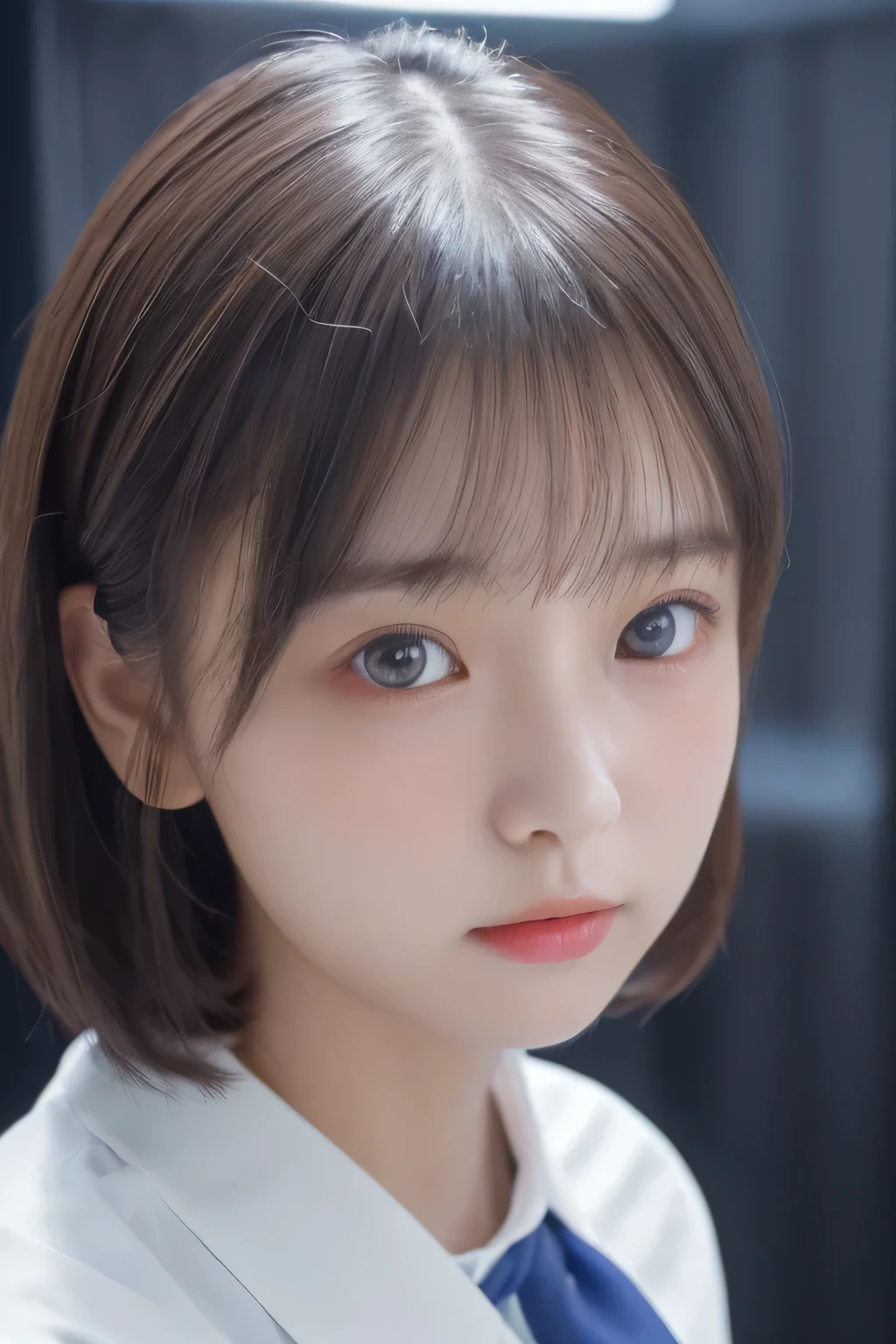 (8k、masterpiece, Highest quality, High resolution,Super Resolution,Very detailed)、1 Girl、(************)、Round face、slim、(Flat Body:1.45)、cute、 (Close up face shot:1.23)、White shirt with blue tie、Fantasy、、(Chiaroscuro:1.3)、