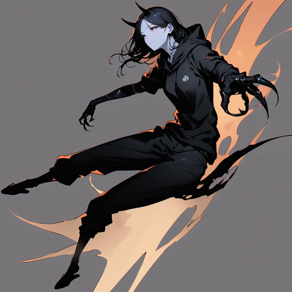 (well done:1) woman, short yellow slightly wavy hair, black horns and a black areola, white eyes, The arm starts at the top with a very light, almost white skin color. As it travels down the arm, the color gradually changes to a smoky gray that becomes increasingly darker. This transition is smooth and looks like a shadow effect or spots that spread across the arm. The lower part of the arm and the hand are completely black. The arm is thin and elongated, giving an almost skeletal appearance. The fingers are long, thin and well articulated, with visibly defined joints. The hand and fingers have a somewhat angular and tapered shape, which gives the impression of claws or something similar. The skin texture appears smooth, but there is a sheen that suggests a moist or oily surface. gray hooded sweatshirt, loose black pants, black flip-flops.