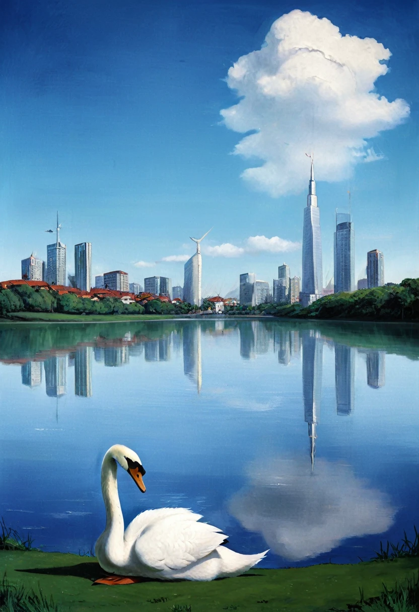 A giant swan in a infinite lake, beautiful landscape. in the background a city, centralized, cinematic.