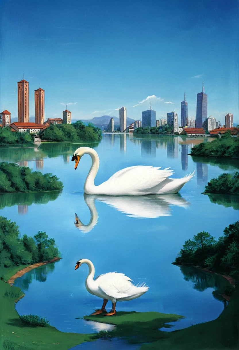 A giant swan in a infinite lake, beautiful landscape. in the background a city, centralized, cinematic.