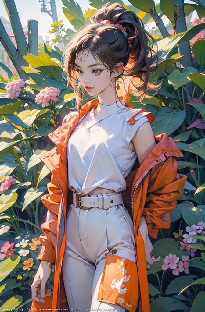 Very colorful, Pop feel, California, Pasadena, Summer image, Beautiful woman with orange ponytail, Very beautiful detailed eyes, Beautiful and delicate eyes, Around 25 years old, Wearing a jacket, stylish belt, Perfect tall model figure,mysterious, Cool Beauty, West Coast, Shining summer memories, Anime drawing by Yang J, Art Station Trends, realism, extremely detailed The buds of art, Realistic anime 3D style, Anime Style 4 k, Up to the model | The buds of art, Anime Style. 8k, Casual clothing, Realistic anime art style, style The buds of art, Sharp contours, Highest quality, The perfect angle, Perfect composition, Perfect subject, Best Shot, Official Art,CD jacket, 80's City Pop, Stylish, Very stylish, Anime drawings inspired by Yanjun Chen, Trending on Art Station, realism, Anime Style 4 k, Anime Style. 8k, Realistic Anime 3D Style, Realistic anime art style, Digital anime illustration, Style Anime, Gweiz-style artwork, Anime Style illustration, Digital anime art