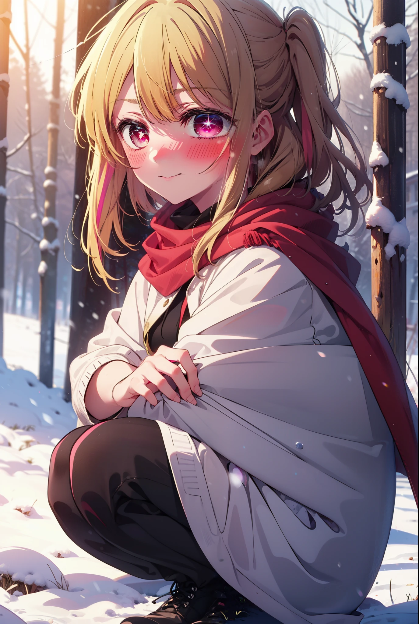 rubyhoshino, Hoshino Ruby, Long Hair, bangs, blonde, (Pink Eyes:1.3), Side Lock, (Symbol-shaped pupil:1.5), Multicolored Hair, Two-tone hair, smile,,smile,blush,white breath,
Open your mouth,snow,Ground bonfire, Outdoor, boots, snowing, From the side, wood, suitcase, Cape, Blurred, , forest, White handbag, nature, Squat, Mouth closed, Cape, winter, Written boundary depth, Black shoes, red Cape break looking at viewer, Upper Body, whole body, break Outdoor, forest, nature, break (masterpiece:1.2), Highest quality, High resolution, unity 8k wallpaper, (shape:0.8), (Beautiful and beautiful eyes:1.6), Highly detailed face, Perfect lighting, Extremely detailed CG, (Perfect hands, Perfect Anatomy),
