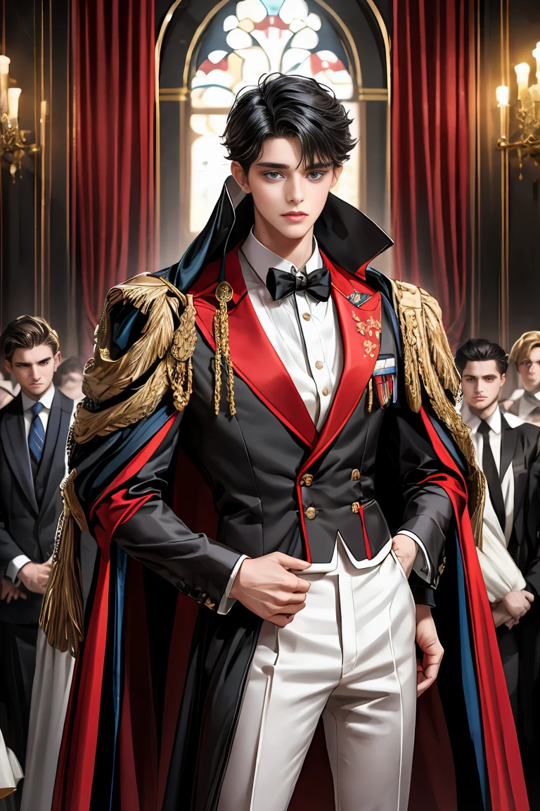 
masterpiece, 最high quality, high quality, 1 boy, alone, Male focus, Watching the audience,  Messy black hair, Adorable big blue eyes, White, Noble, Noble,A black and red cape that is bursting with sexy volume、Tuxedo、A very voluminous, large, very large, very large, long, long red and black cape with a high stand-up collar, made of a lot of fabric that reaches down to the floor., ,Cute beautiful boys,Cute, cute, kind, handsome guy