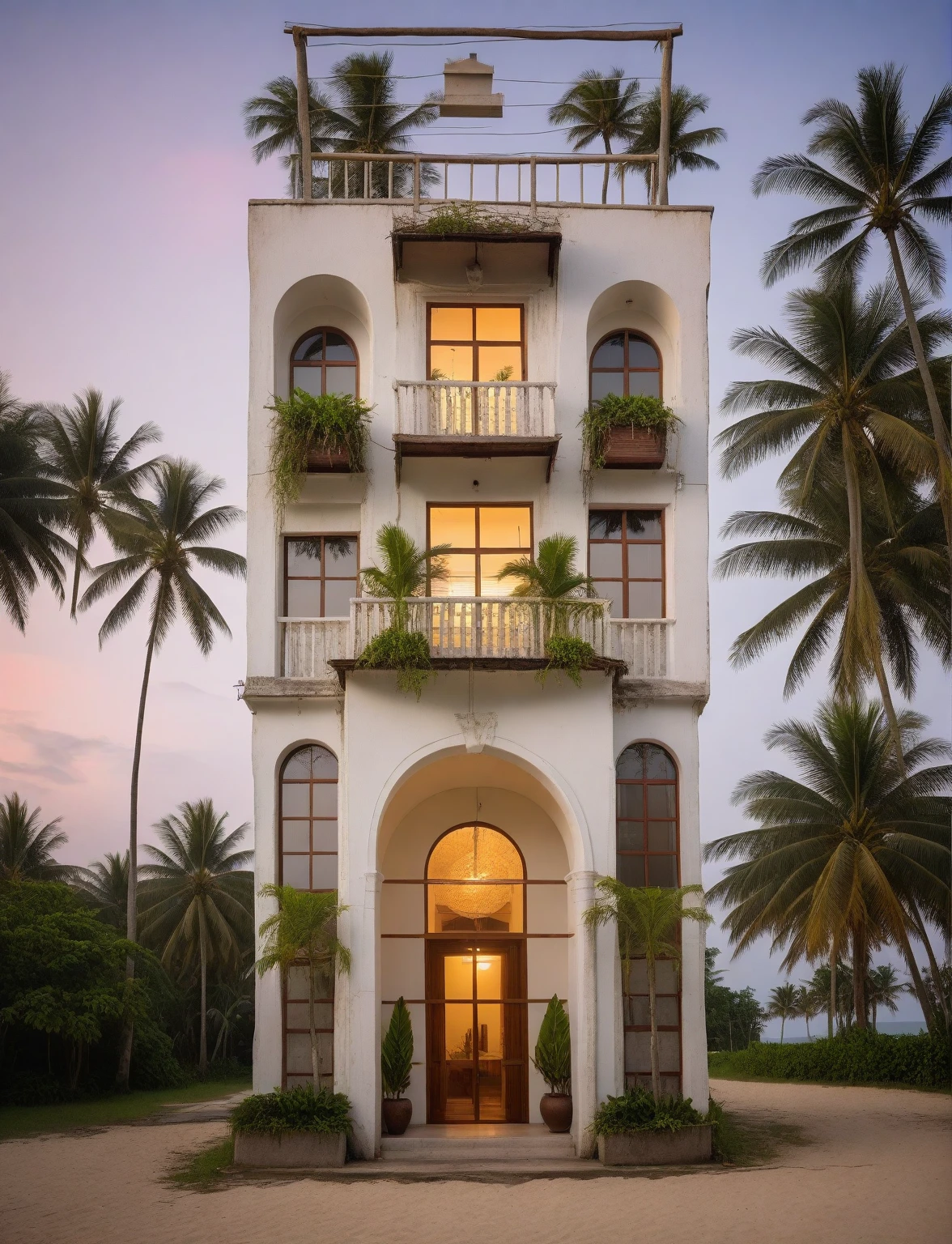 headquarter of Local caft Resort , coconut trees, greenery landscape, along the white beach, clear sky, sunrise time, warm lighting RAW Photo, RAW texture, Super Realistic, 32K UHD, DSLR, soft lighting, high quality, film rating, Fujifilm XT3 