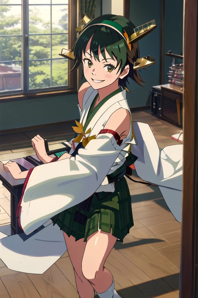 Highest quality, masterpiece, High resolution, alone, (Hiei Kaisan_Fleet Collection), オレンジ色hair, hairband, headgear, Non-traditional_Shrine maiden, smile, green_eye, Inverted up_hair, smile, One Girl, dependent_sleeve, green_skirt, Plaid, Plaid_skirt, ribbon-trimmed_sleeve, ribbon_trim, skirt, (indoor, office, living room), 