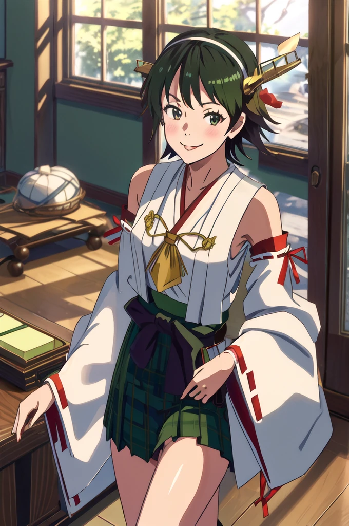 Highest quality, masterpiece, High resolution, alone, (Hiei Kaisan_Fleet Collection), オレンジ色hair, hairband, headgear, Non-traditional_Shrine maiden, smile, green_eye, Inverted up_hair, smile, One Girl, dependent_sleeve, green_skirt, Plaid, Plaid_skirt, ribbon-trimmed_sleeve, ribbon_trim, skirt, (indoor, office, living room), 