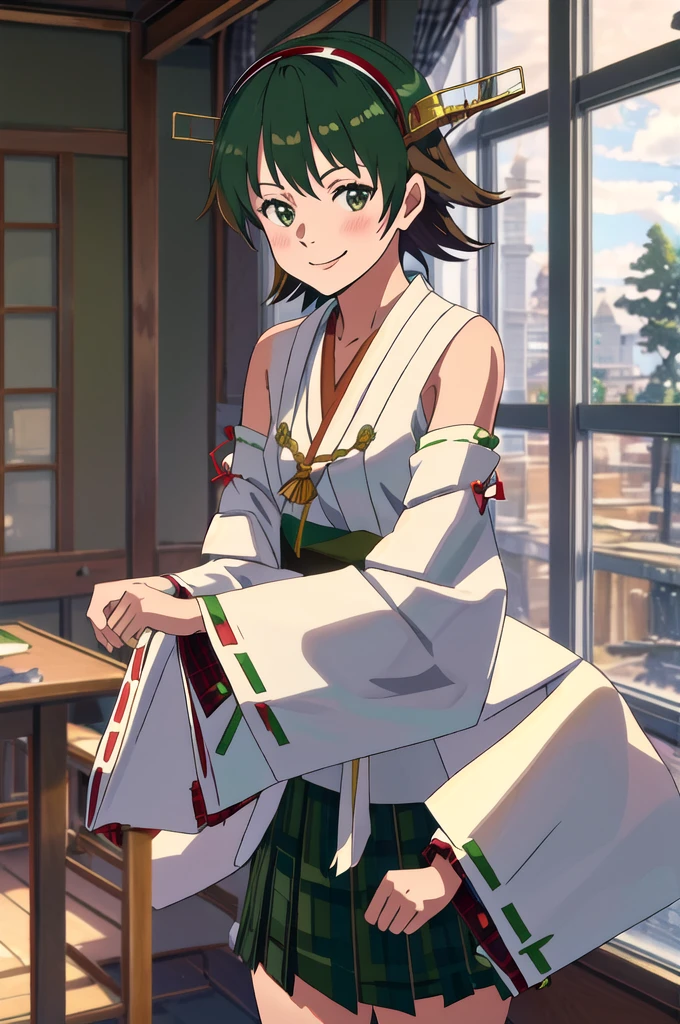 Highest quality, masterpiece, High resolution, alone, (Hiei Kaisan_Fleet Collection), オレンジ色hair, hairband, headgear, Non-traditional_Shrine maiden, smile, green_eye, Inverted up_hair, smile, One Girl, dependent_sleeve, green_skirt, Plaid, Plaid_skirt, ribbon-trimmed_sleeve, ribbon_trim, skirt, (indoor, office, living room), 