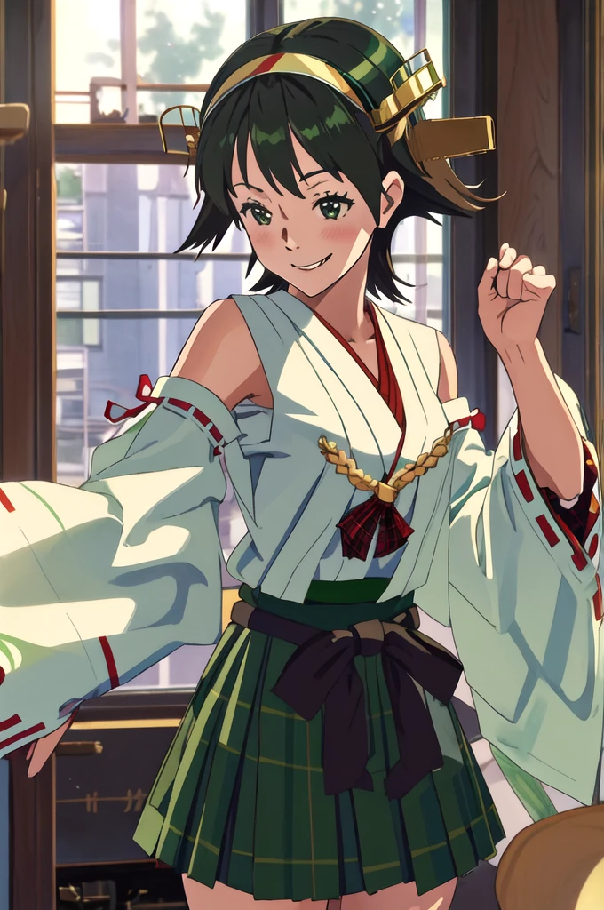 Highest quality, masterpiece, High resolution, alone, (Hiei Kaisan_Fleet Collection), オレンジ色hair, hairband, headgear, Non-traditional_Shrine maiden, smile, green_eye, Inverted up_hair, smile, One Girl, dependent_sleeve, green_skirt, Plaid, Plaid_skirt, ribbon-trimmed_sleeve, ribbon_trim, skirt, (indoor, office, living room), 