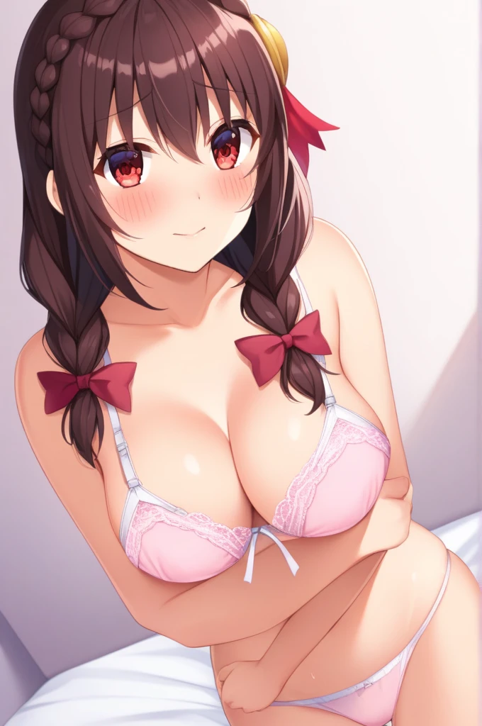 alone, One girl, Yunyun、(Blush 1.6) 、View your viewers, Crown braids of the same color as your hair, Red Eyes、hair ornaments, Hair Ribbon, (White and pink bikini)、bed、Wet、(Embarrassed face 1.8)、Nipples are visible、(bra lift:1.5)