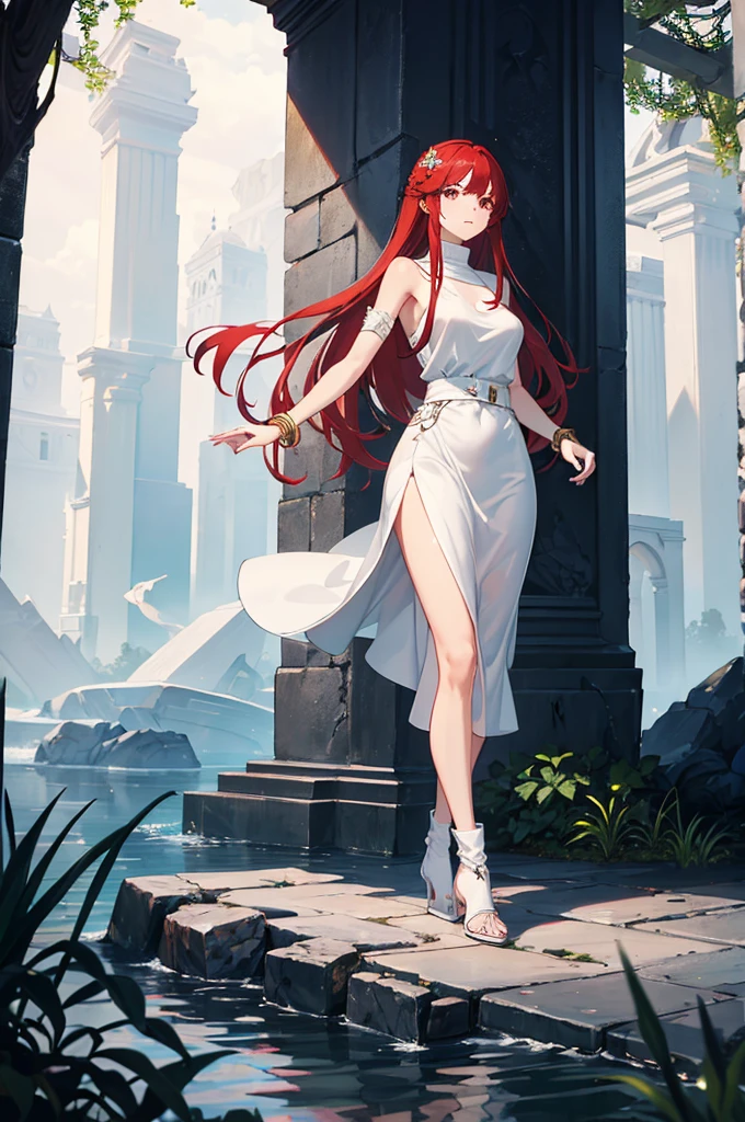 ((masterpiece, best quality)), 1girl, beautiful woman walking on stone path, wearing white hoodie and black maxi skirt, bracelet, black boots, full body, red hair, tree, leaves, summer, stone wall, lake, ruins, rocks