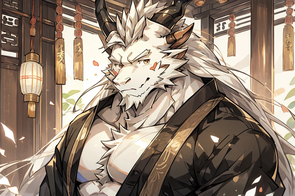 (white eastern dragon),furry,white mustache,big pecs,hearty males,muscular,black imperial robe,naked,adult,traditional_chinese_room,head portrait,hypnosis,Long hair (collarbone to chest )