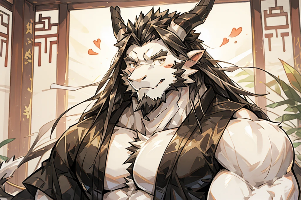 (white eastern dragon),furry,white mustache,big pecs,hearty males,muscular,black imperial robe,naked,adult,traditional_chinese_room,head portrait,hypnosis,Long hair (collarbone to chest )