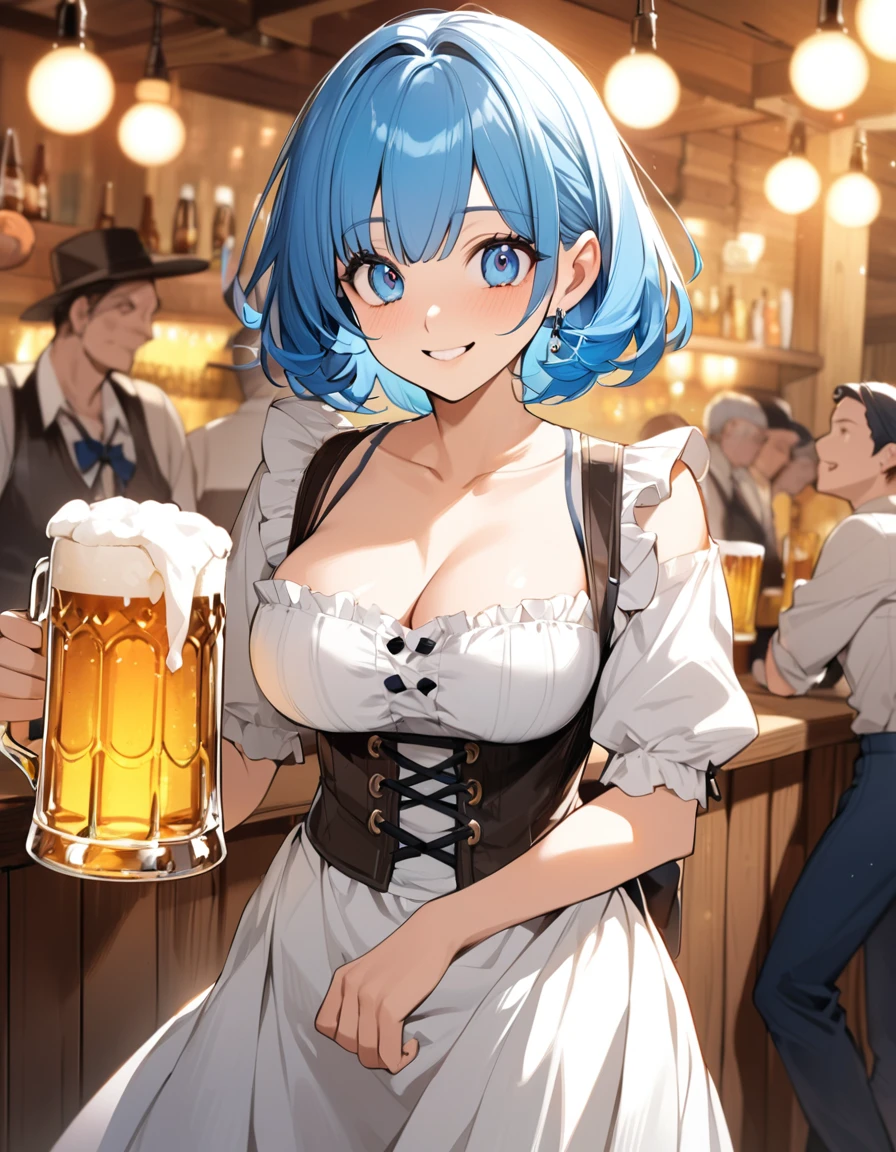 (Top quality illustrations:1.2), (pretty girl:1.1), (1 girl、), (1 girl、smile)、Big eyes、Bright blue hair、Short Bob Hair、German beer hall、The bar girl、Dirndl、One piece with frills、Long skirt、Beautiful breasts、Cowboy Shot