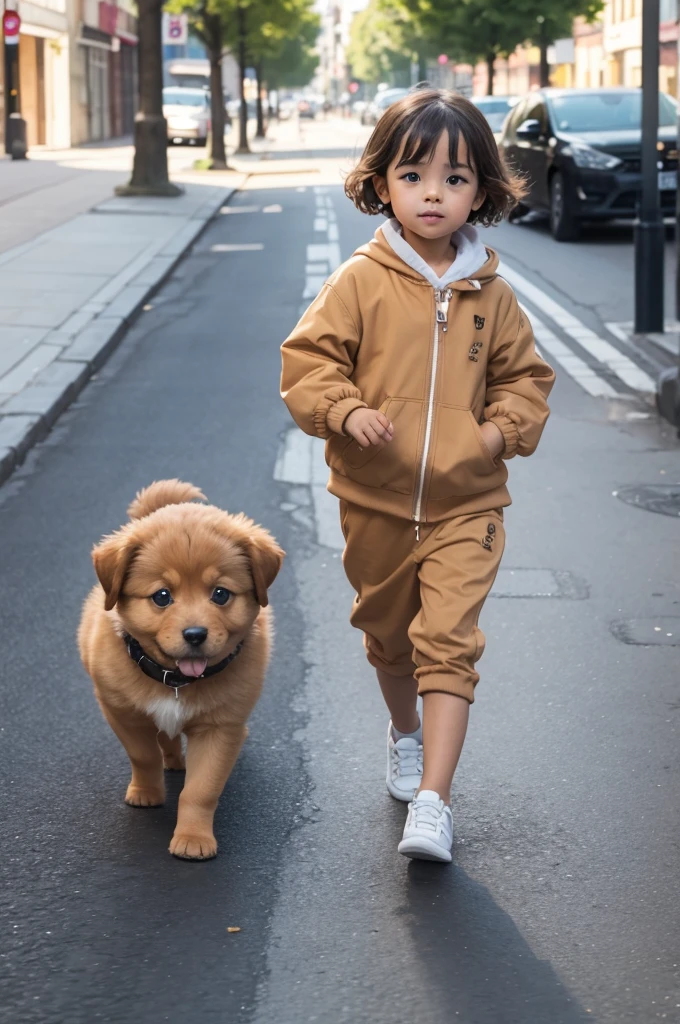  holding a rope，Holding a cute french bulldog, Wearing a red hoodie and a red duckbill hat, Walking in front of white background and taking full body photo with smile