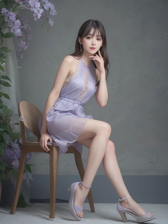 Photo-realistic quality、20-year-old Japanese idol sitting on a white chair wearing a pale gray-purple lace mini dress, Full body photo、Overall view、Sheer silk mini dress, From toe to head、Cute and elegant pose, Japanese female fashion model, A stunningly elegant pose, A young Japanese woman wearing a gorgeous pale gray-purple mini dress, Sexy Dress, Graceful smile pose, elegant charming pose, Photo of slim girl model, looking at the camera、Detailed and beautiful eyes、Cute smile、Relaxed and gentle expression、Small hands、Beautiful legs extending from the skirt