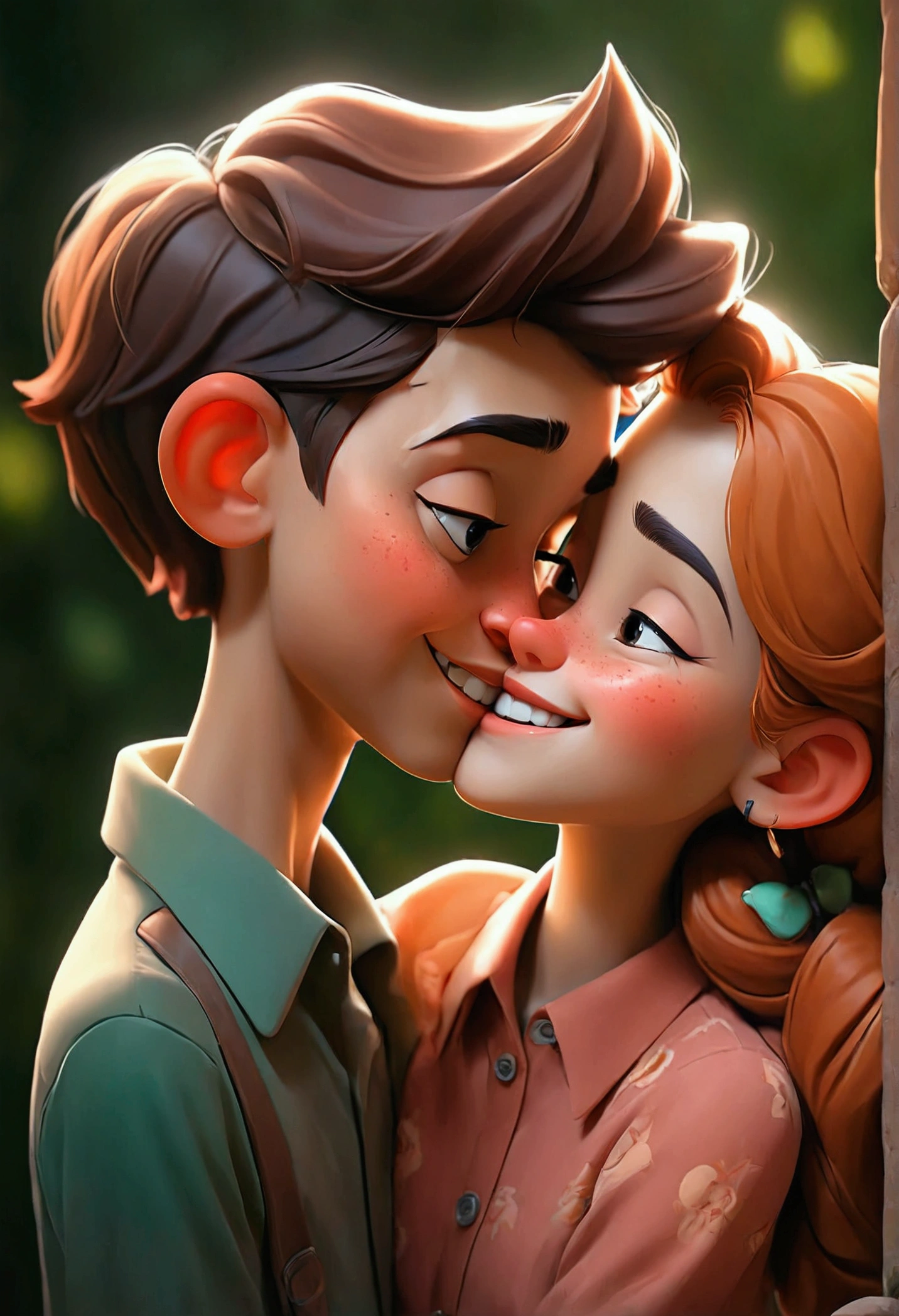 A boy and girl with cute smiles are kissing on the cheek