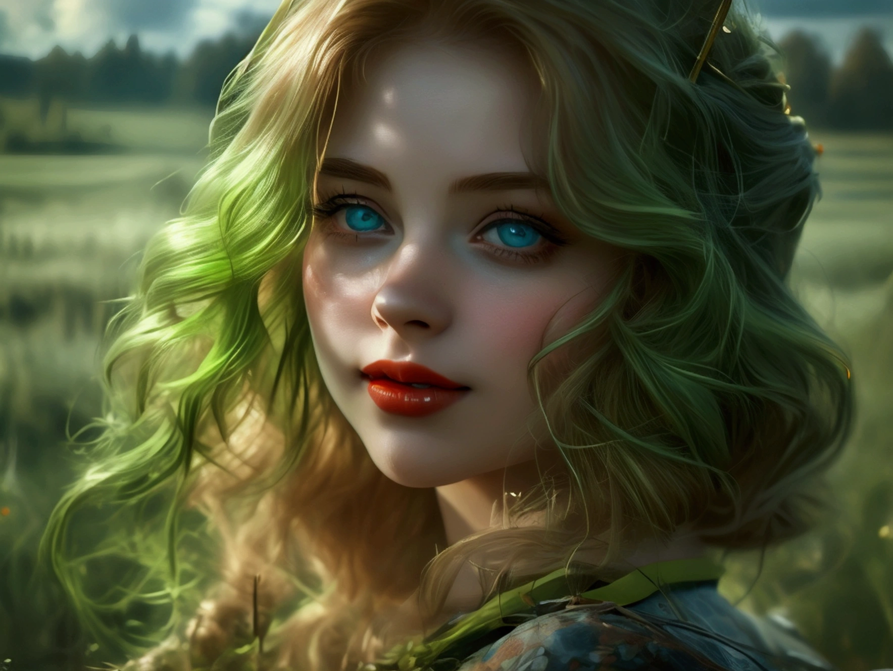 (((ultra realistic))) Photo, masterpiece, top quality, (pale skin), (Ultra detailed face and eyes:1.3), 1 girl, Adult, Retro style, beautiful female model, glamorous body, plump body, long haired person, Wavy Hair, blonde, smooth skin, blue eyes, enchanting smile, dark makeup, red lips, (cheerfull:1.2), (longing girl in green field:1.1), tender gaze, sad but beautiful expression, (((natural landscape))), photorealistic, highly detailed, dramatic lighting, vibrant colors, serene, emotional, clouds, (wide camera shot)