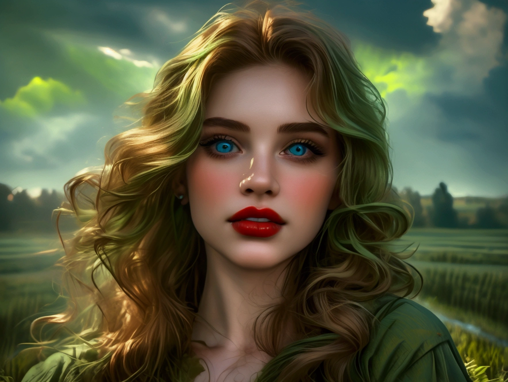 (((ultra realistic))) Photo, masterpiece, top quality, (pale skin), (Ultra detailed face and eyes:1.3), 1 girl, Adult, Retro style, beautiful female model, glamorous body, plump body, long haired person, Wavy Hair, blonde, smooth skin, blue eyes, enchanting smile, dark makeup, red lips, (cheerfull:1.2), (longing girl in green field:1.1), tender gaze, sad but beautiful expression, (((natural landscape))), photorealistic, highly detailed, dramatic lighting, vibrant colors, serene, emotional, clouds, (wide camera shot)