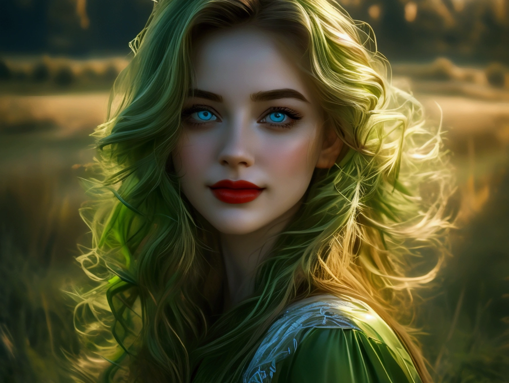 (((ultra realistic))) Photo, masterpiece, top quality, (pale skin), (Ultra detailed face and eyes:1.3), 1 girl, Adult, Retro style, beautiful female model, glamorous body, plump body, long haired person, Wavy Hair, blonde, smooth skin, blue eyes, enchanting smile, dark makeup, red lips, (cheerfull:1.2), (longing girl in green field:1.1), tender gaze, sad but beautiful expression, (((natural landscape))), photorealistic, highly detailed, dramatic lighting, vibrant colors, serene, emotional, clouds, (wide camera shot)